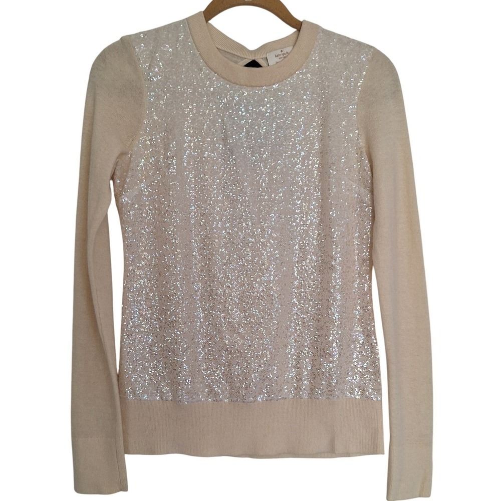 kate spade ivory ‎ sequin front sweater keyhole back black bow xs